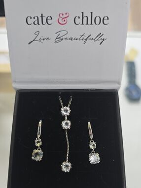 Cate & Chloe Silver Crystal Drop Necklace and Earring Set - White Crystal
